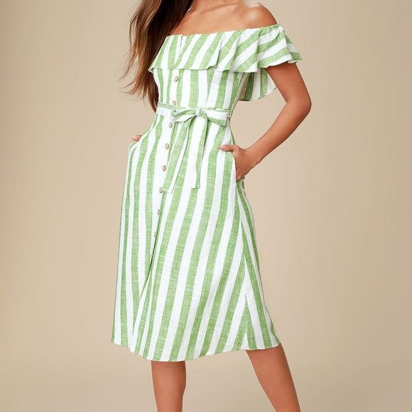 Lulu's Dresses & Skirts - Lulu's Sunny Days Green Striped Off-the-Shoulder Midi Dress S Small